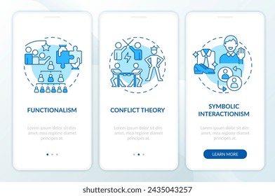 Theories of social stratification blue onboarding mobile app screen. Walkthrough 3 steps editable graphic instructions with linear concepts. UI, UX, GUI template. Myriad Pro-Bold, Regular fonts used