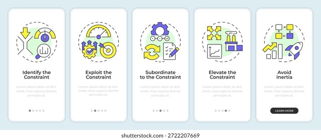 Teoría de las restricciones que incorporan la pantalla del App móvil. Control de fabricación. Instrucciones gráficas editables de 5 pasos con conceptos lineales. UI, UX, GUI