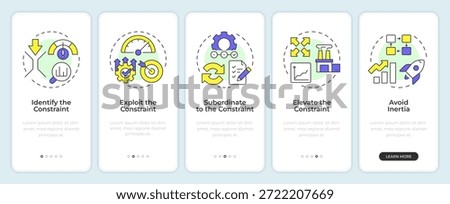 Theory of constraints onboarding mobile app screen. Manufacturing control. Walkthrough 5 steps editable graphic instructions with linear concepts. UI, UX, GUI