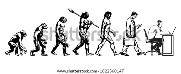 人類の進化論 人間の発達 猿から洞窟屋 現代の実業家までが携帯電話で話し プログラマーがコンピューターに座っている 手描きのスケッチベクターイラスト のベクター画像素材 ロイヤリティフリー