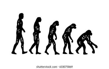 Theory of evolution of man, on the contrary. From man to monkey. Vintage black engraving illustration for poster. Isolated on white background.