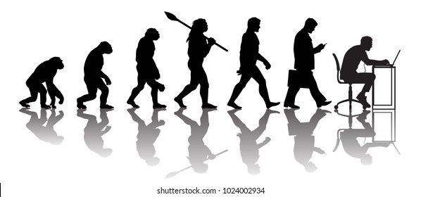 Theory of evolution of man. Silhouette with reflection. Human development from monkey to caveman, modern businessmen talking on mobile phone, programmer sitting at computer. Hand drawn sketch vector.