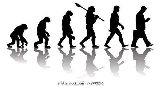 Theory of evolution of man. Silhouette with transparent reflection. Human development from monkey to modern businessmen with  briefcase talking on mobile phone. Vector illustration isolated on white.