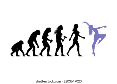 Theory of evolution of woman silhouette from ape to dancer. Vector illustration svg
