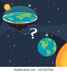 Theory of flat earth. Flat Earth in space with sun and moon. Vector illustration. 