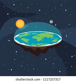Theory of flat earth. Flat Earth in space with sun and moon. Vector illustration. 
