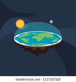 Theory of flat earth. Flat Earth in space with sun and moon. Vector illustration. 