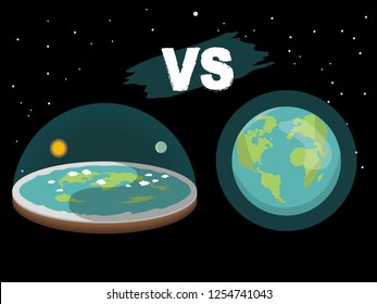 Theory of flat earth. Flat Earth in space with sun and moon vs spherical earth. Vector illustration.