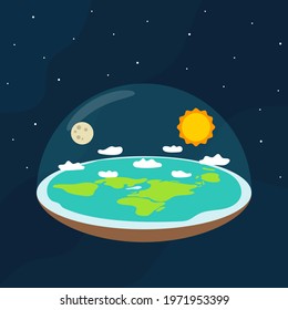 Theory Of Flat Earth. Flat Earth In Space With Sun And Moon. Vector Illustration