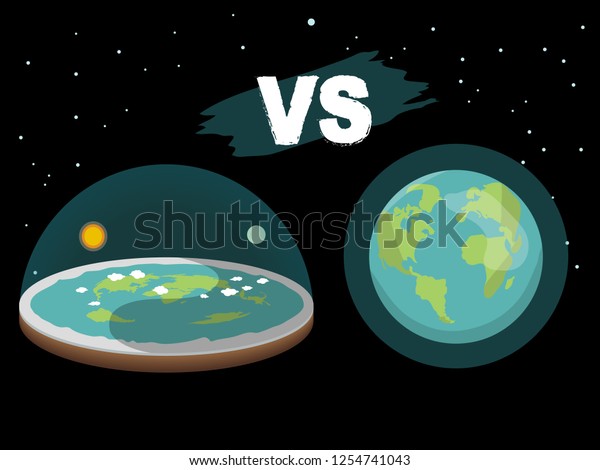 Theory of flat earth. Flat\
Earth in space with sun and moon vs spherical earth. Vector\
illustration.