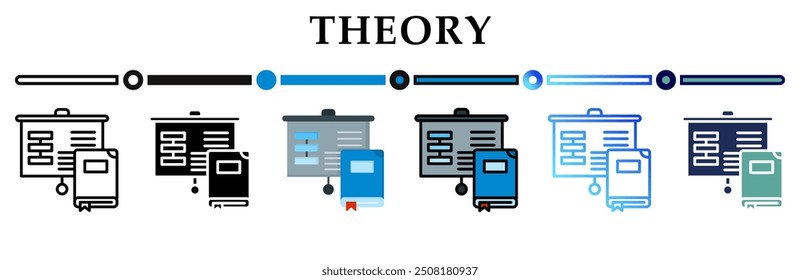 Theoriesymbol auf einer Banner-Websymbolsammlung. 6 Verschiedene Stilsymbole. Für Zeichen, Symbole, Elemente, Präsentationen, Infografiken oder Webgrafiken. Vektorgrafik.