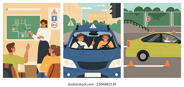 Theory and practice lessons at driving school vector set