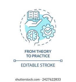 De la teoría a la práctica icono de concepto de azul suave. Aplicar el conocimiento teórico a la vida real. Ilustración de línea de forma redonda. Idea abstracta. Diseño gráfico. Fácil de usar en presentaciones