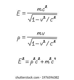 Theory of relativity.The law of the relationship between mass and energy. Handwritten physics equations, subject of scientific study.Isolated.Vector illustration.