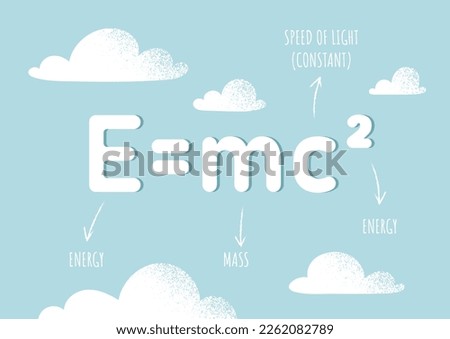 Theory of relativity. Physical equation, science and education. Famous formula emc2. Scheme with energy, mass and squared constant speed. Training and learning. Cartoon flat vector illustration