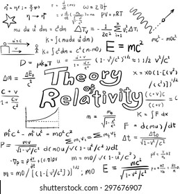 Theory of relativity and physics law and physics mathematical formula equation, doodle handwriting icon in white isolated background paper with hand drawn model, create by vector
