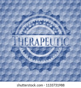 Therapeutic blue emblem with geometric pattern background.