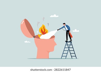 A therapeutic concept aimed at alleviating mental exhaustion (burnout), mental health issues, and depression, as well as managing anxiety and stress. A man uses a fire extinguisher to put out a fire blazing on someone's head.