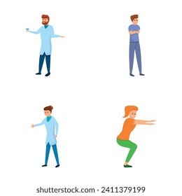 Therapeutic exercise icons set cartoon vector. Doctor and patient during therapy. Healthcare concept