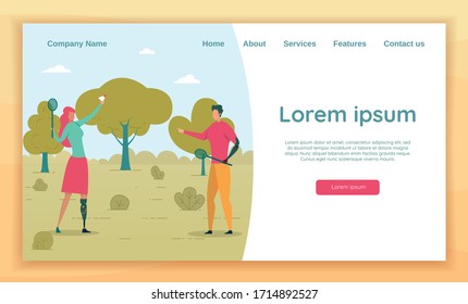 Therapeutic Exercise in Open to Get Used to New Prosthetic Appliance. Young Man Playing Badminton with His Girl Friend with Artificial Limb. Landing Page with Copy Space for Extra Text.