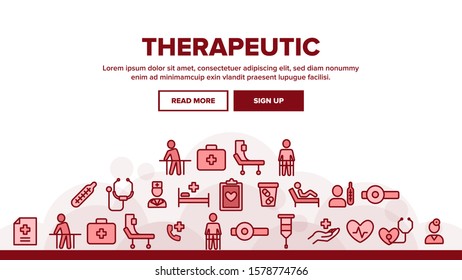 Therapeutic Landing Web Page Header Banner Template Vector. Sanitary Case And Nurse, Doctor And Patient, Tablet And List Therapeutic Illustration