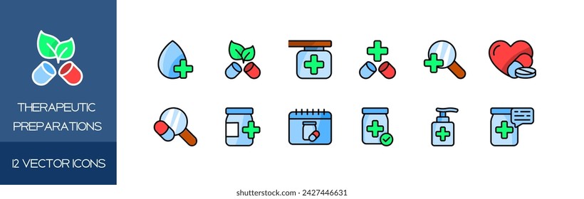 Therapeutic preparations icon set. Flat style. Vector icons