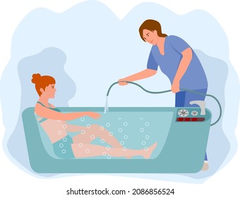 Therapeutic whirlpool bath. Flat therapist character working with disabled patient, rehabilitating physical activity, physiotherapy isolated on white. 