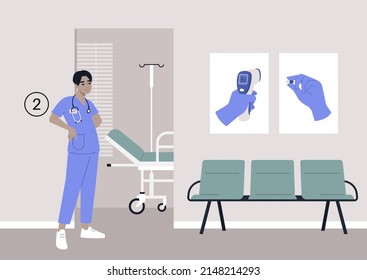 Therapist cabinet waiting area, seats and posters on the wall, health care concept, annual checkup