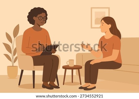 Therapist with clipboard talking to client during counseling session in comfortable room