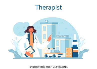 Therapist concept. Healthcare, modern medicine treatment, expertize and diagnostic. Medical specialist in the uniform. Medical treatment and recovery. Flat vector illustration