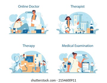 Therapist concept set. Healthcare, modern medicine treatment, expertize and diagnostic. Family doctor in the uniform. Medical treatment and recovery. Flat vector illustration