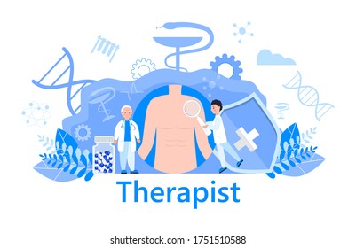 Therapist concept vector health care, medical website, banner. The family doctor treats the patient. Physician, internist or general practitioner illustration.