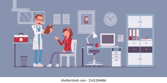 Therapist doctor consulting patient. Male general health physician receive and treat woman in hospital room or clinic office. Medicine and healthcare concept. Vector flat style cartoon illustration