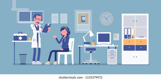 Therapist doctor consulting patient. Male general health physician receive and treat woman in hospital room or clinic office. Medicine and healthcare concept. Vector illustration, faceless characters