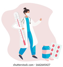 Therapist Doctor with Mask on her Face Carry Thermometer in the hospital.Female Nurse or Doctor Character in Medical Outfit with Stethoscope.Drug, Pills and  
Bottle on background.Vector Illustration