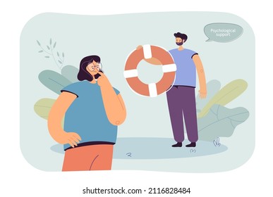 Therapist or friend holding lifebuoy as symbol of help. Woman thinking of therapy flat vector illustration. Psychology, support, mental health concept for banner, website design or landing web page