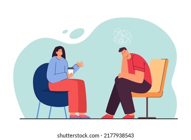 Therapist Or Friend Talking To Sad Man. Confused Or Depressed Character Getting Psychological Help Flat Vector Illustration. Psychology, Communication, Mental Health, Friendship Concept For Banner