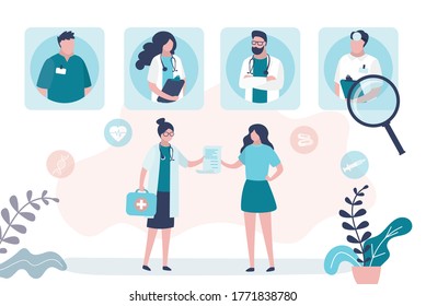 Therapist gives direction or prescription to female patient. Doctors team, medical staff portraits. Diagnosis of disease, clinical examination. Healthcare, insurance and medicine. Vector illustration