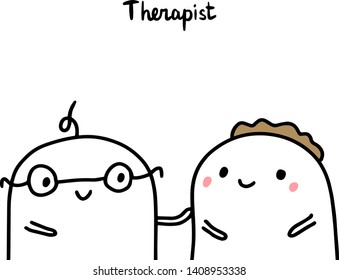 Therapist hand drawn vector illustration in cartoon style. Men doctor and patient