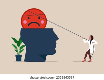 Therapist help eliminate negative and depression from patient head. Mental health treatment or psychology support, help relief anxiety or depression. Vector illustration.