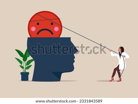 Therapist help eliminate negative and depression from patient head. Mental health treatment or psychology support, help relief anxiety or depression. Vector illustration.