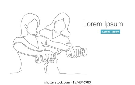 therapist help patient doing arm exercise. one continuous line drawing vector illustration on white background