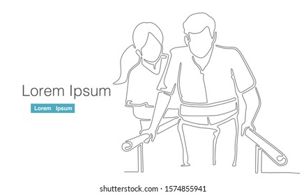 therapist help patient walk training exercise.one continuous line drawing vector illustration on white background