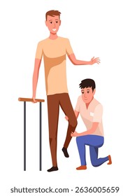 Therapist helping patient during physio therapy and rehabilitation. Physiotherapy treatment for man with physical disabilities. Flat graphic vector illustration isolated on white background