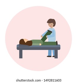 Therapist Helping Patient To Raise Leg For Exercise.physical Therapy Treatment.rehabilitation Center.vector Illustration. Passive And Active Exercise.