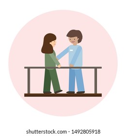 Therapist helping patient walk with parallel bar.Physical therapist rehabilitation.vector illustration