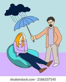 Therapist helps client to overcome depression. Psychologist. Pschycological counselling. Mental disease. Rain cloud. Umbrella. Concept.