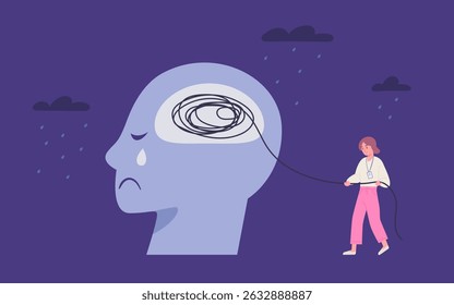 Therapist helps patient to organize their thoughts. Therapist working on patient's mental health. Flat vector of mental well-being, depression, sickness, psychology, negative feeling, sad emotion. 