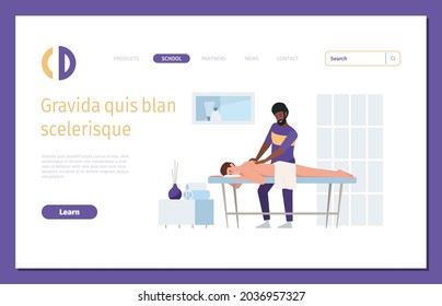 Therapist landing. Spa salon medical manual therapy relax body thai doctor garish vector web page with place for text