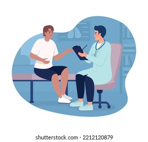 Therapist listening to patient in office 2D vector isolated illustration. Medical appointment flat characters on cartoon background. Clinic colourful editable scene for mobile, website, presentation